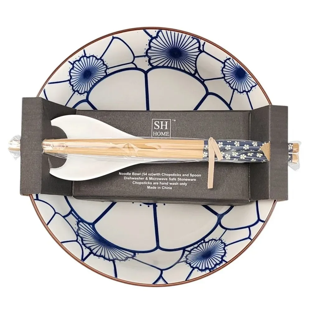 SH Home Blue Lotus Ceramic Ramen Noodle Bowl 54oz With Chopsticks And Spoon‎ 4pc